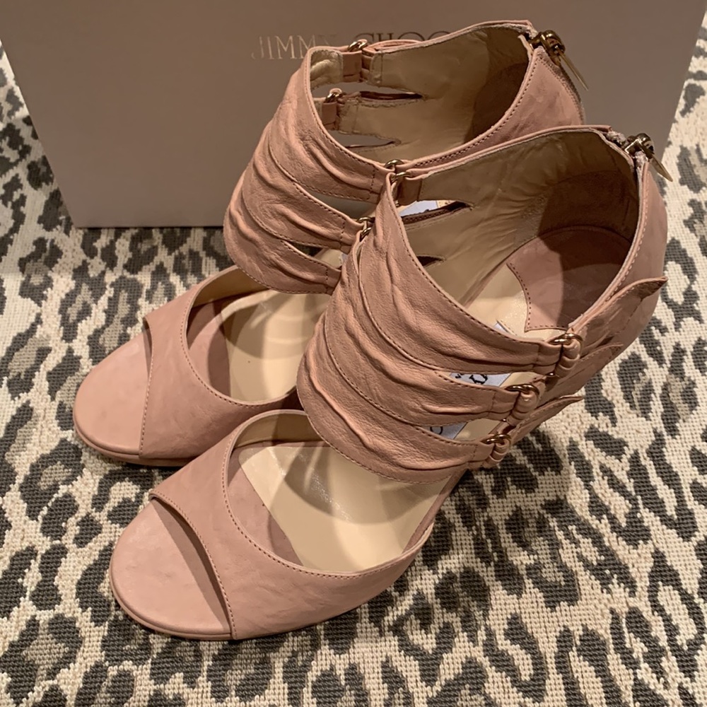 HOST PIC RARE JIMMY CHOO OYSTER POWDER PINK LEATHER PLATFORM SANDALS SIZE US 8